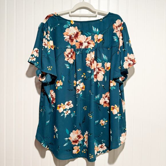Torrid Teal Floral Harper Blouse Flutter Sleeves Plus Size 3X - Picture 6 of 6
